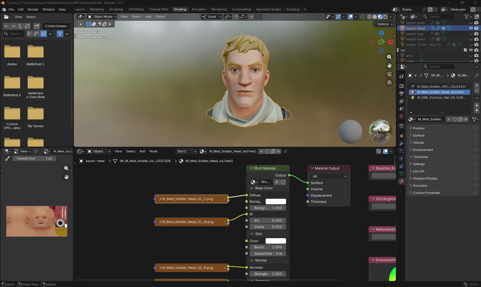 Blender 3D asset pipeline — character shading and export