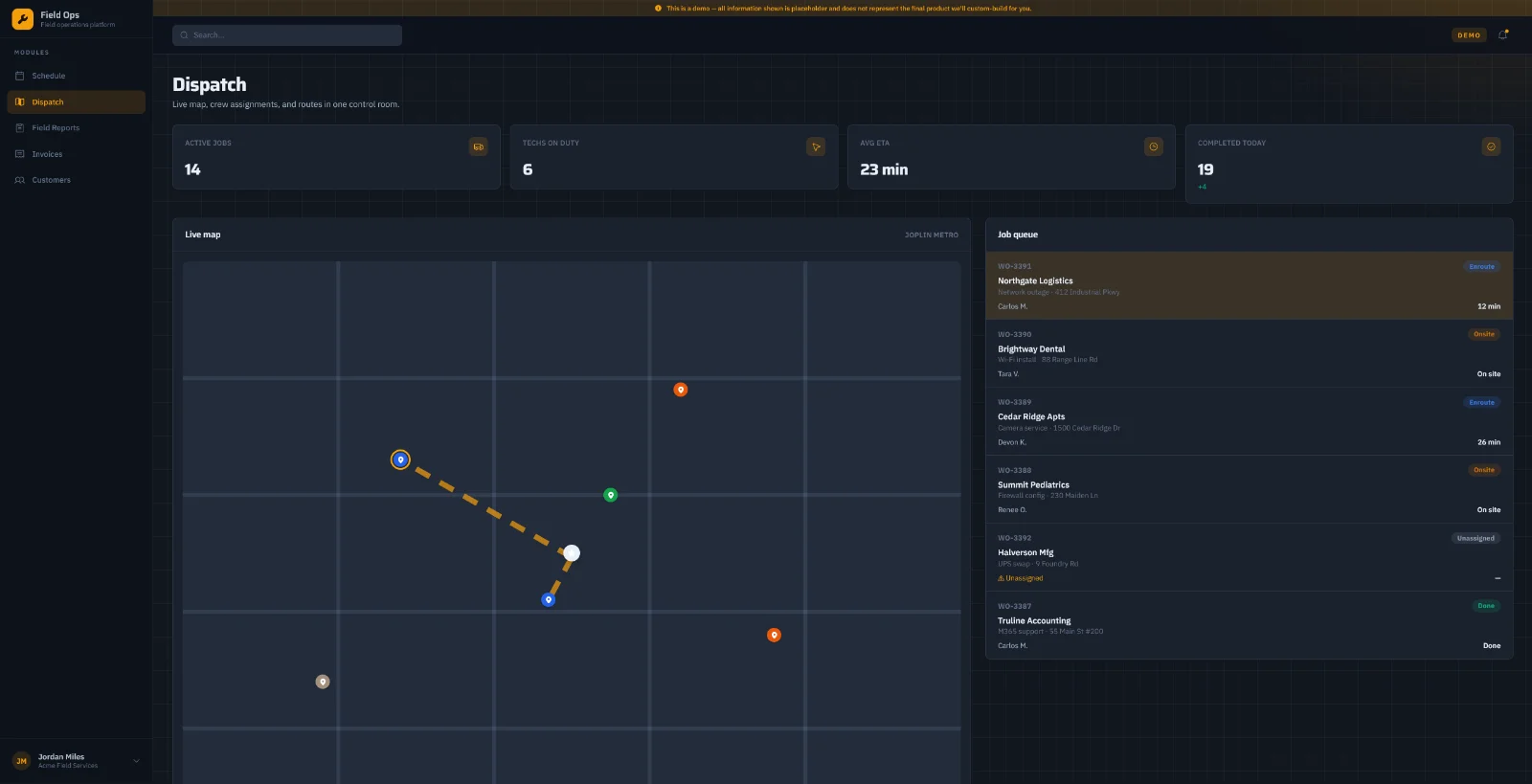Field Ops — live dispatch map and job queue